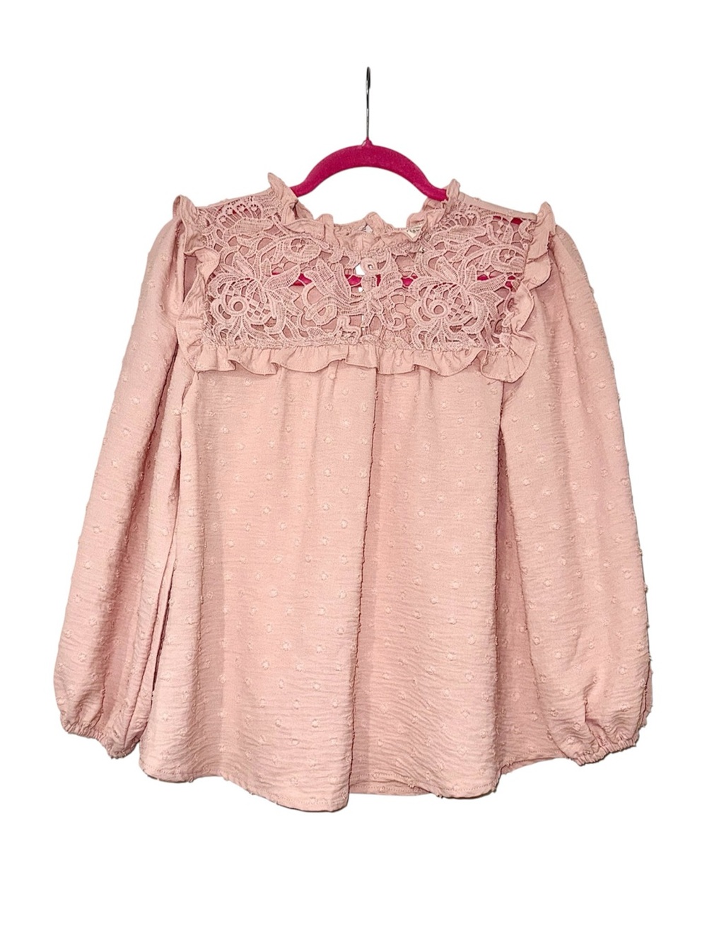 solid rose-color crochet/lace w/ ruffles, textured Swiss-dot blouse, small, EUC